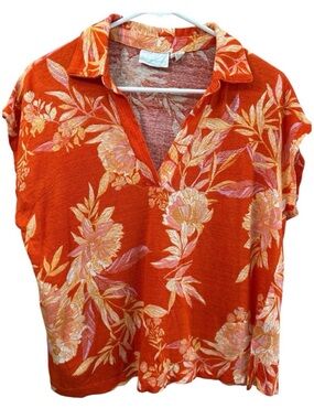 Cynthia Rowley Orange Floral V Neck Top with Pink & Cream Accents 100% Linen L